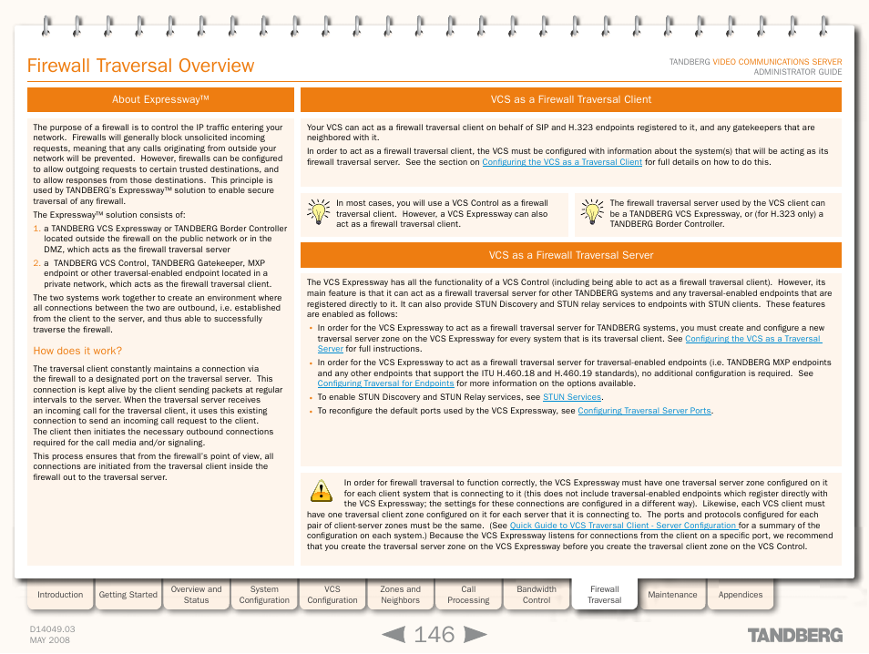 Firewall traversal overview, About expressway, How does it work | Vcs as a firewall traversal client, Vcs as a firewall traversal server | TANDBERG Security Camera User Manual | Page 146 / 247