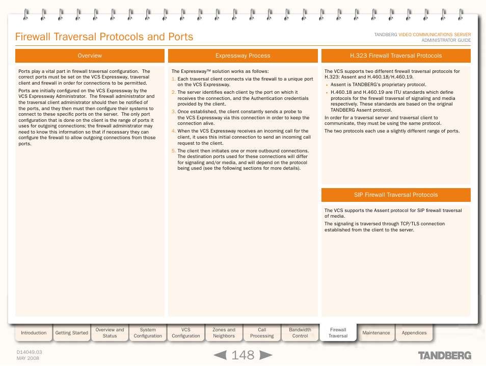 Firewall traversal protocols and ports, Overview, Expressway process | H.323 firewall traversal protocols, Sip firewall traversal protocols, Firewall traversal, Protocols, Firewall traversal protocols | TANDBERG Security Camera User Manual | Page 148 / 247