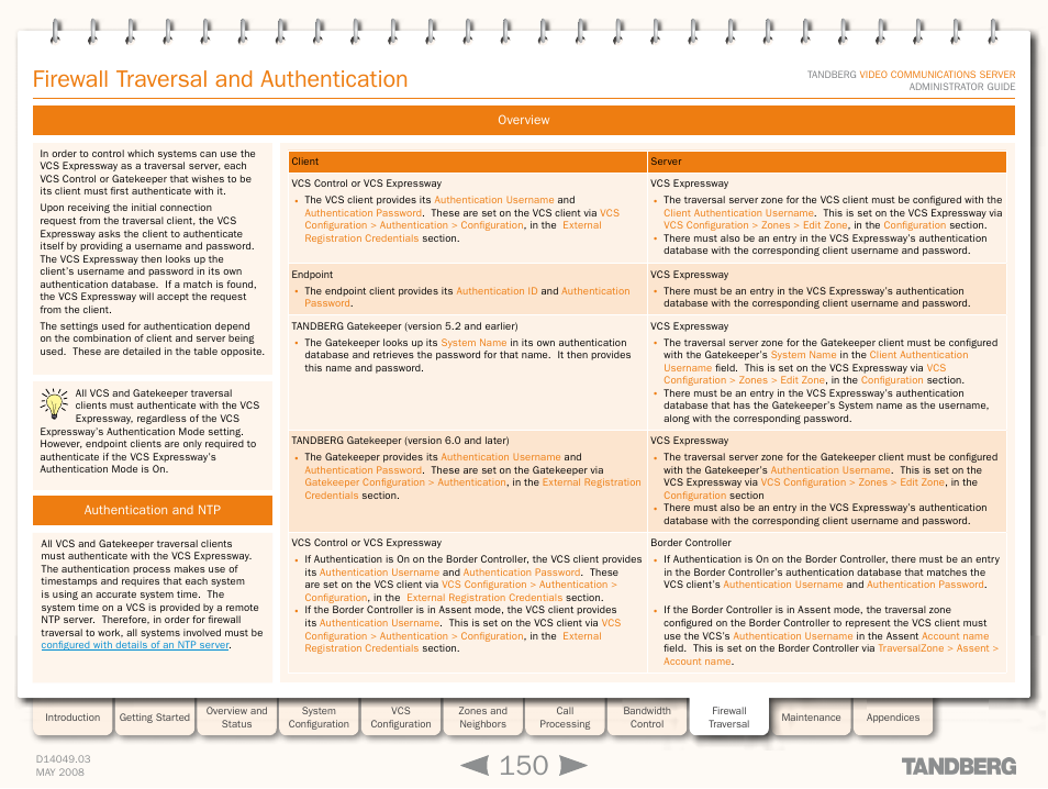 Firewall traversal and authentication, Overview, Authentication and ntp | Overview authentication and ntp | TANDBERG Security Camera User Manual | Page 150 / 247