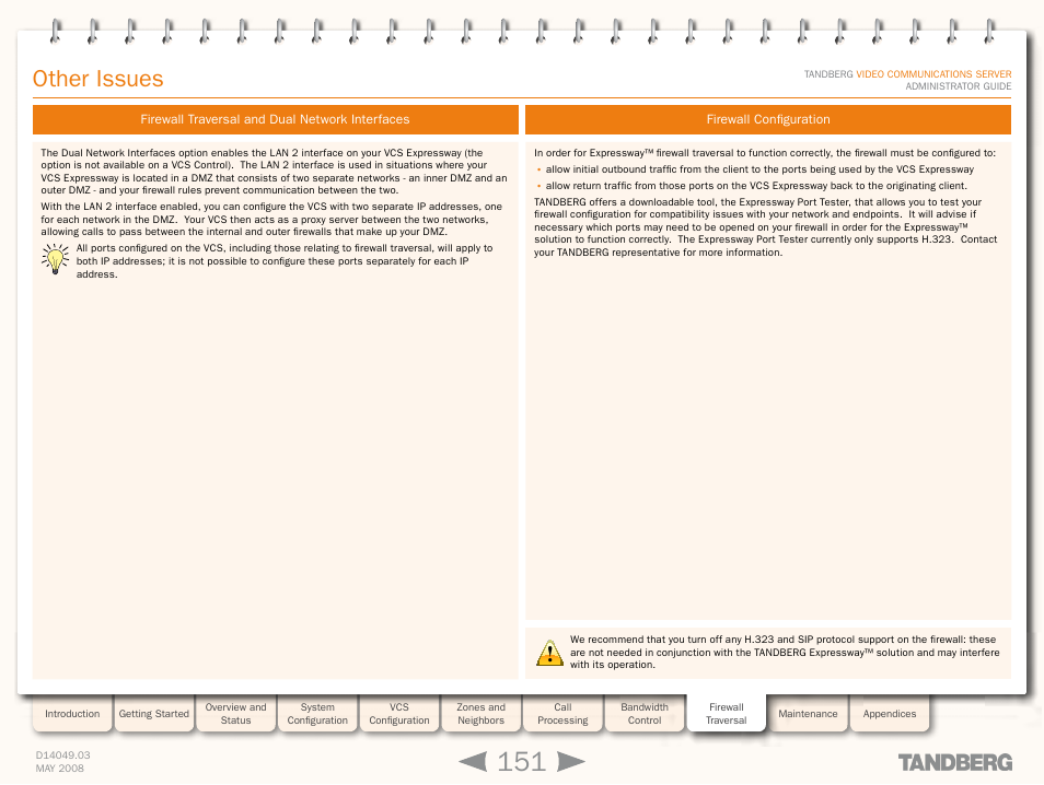 Other issues, Firewall traversal and dual network interfaces, Firewall configuration | TANDBERG Security Camera User Manual | Page 151 / 247