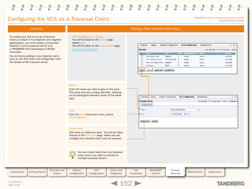 Configuring the vcs as a traversal client, Overview, Adding a new traversal client zone | Overview adding a new traversal client zone | TANDBERG Security Camera User Manual | Page 152 / 247