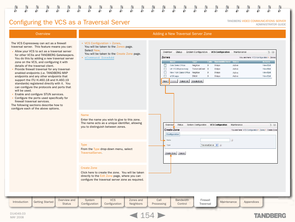 Configuring the vcs as a traversal server, Overview, Adding a new traversal server zone | Overview adding a new traversal server zone | TANDBERG Security Camera User Manual | Page 154 / 247