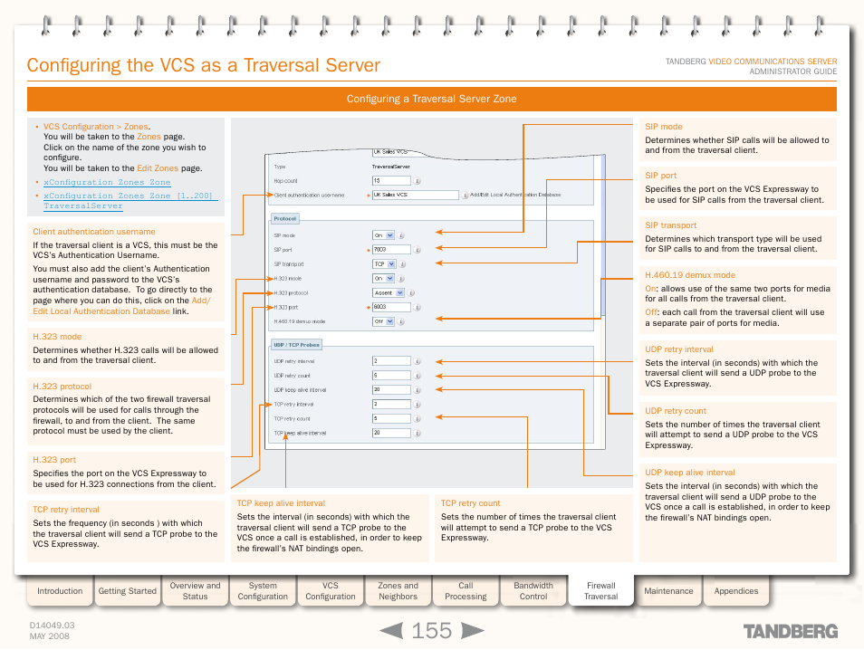 Configuring a traversal server zone, Configuring the vcs as a traversal server | TANDBERG Security Camera User Manual | Page 155 / 247