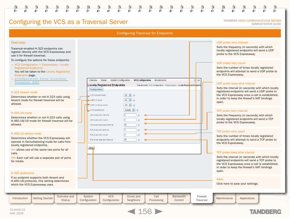 Configuring traversal for endpoints, Overview, Configuring the vcs as a traversal server | TANDBERG Security Camera User Manual | Page 156 / 247