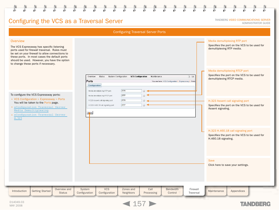Configuring traversal server ports, Overview, Configuring the vcs as a traversal server | TANDBERG Security Camera User Manual | Page 157 / 247