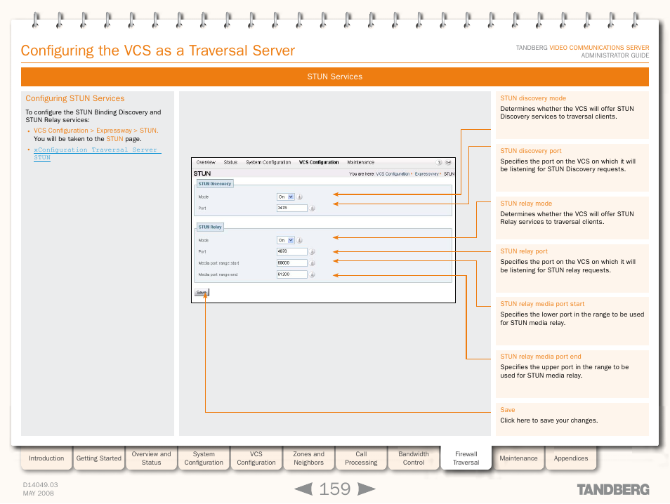 Configuring stun services, Configuring the vcs as a traversal server | TANDBERG Security Camera User Manual | Page 159 / 247