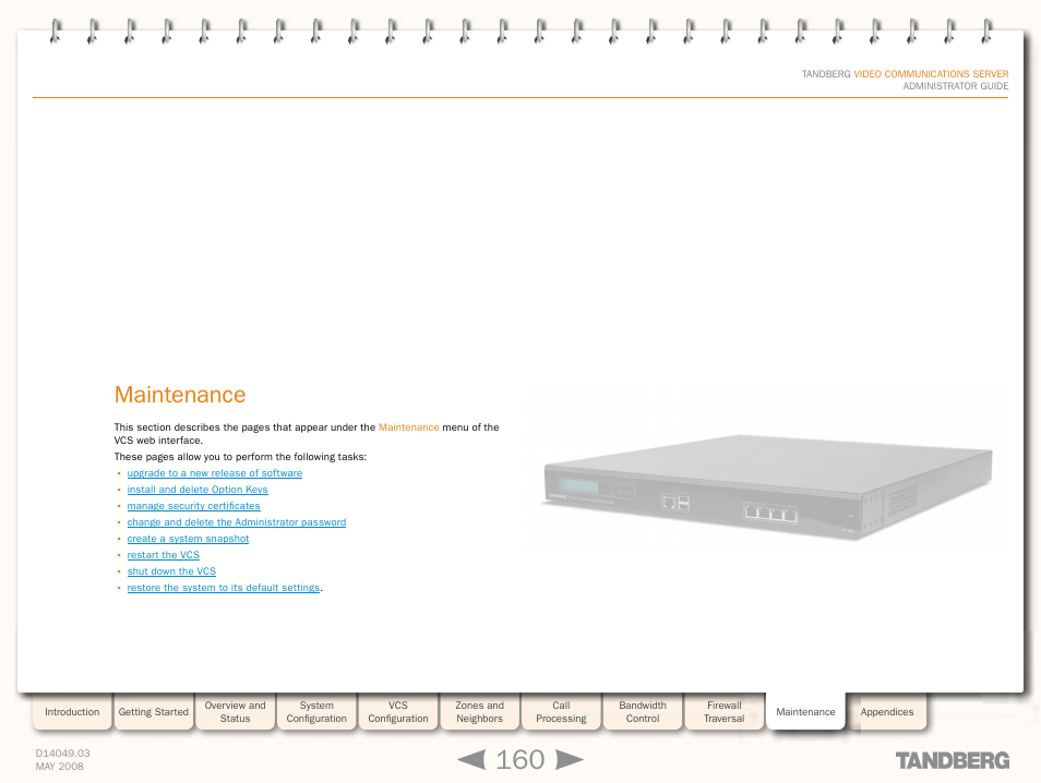 Maintenance, Setup | TANDBERG Security Camera User Manual | Page 160 / 247