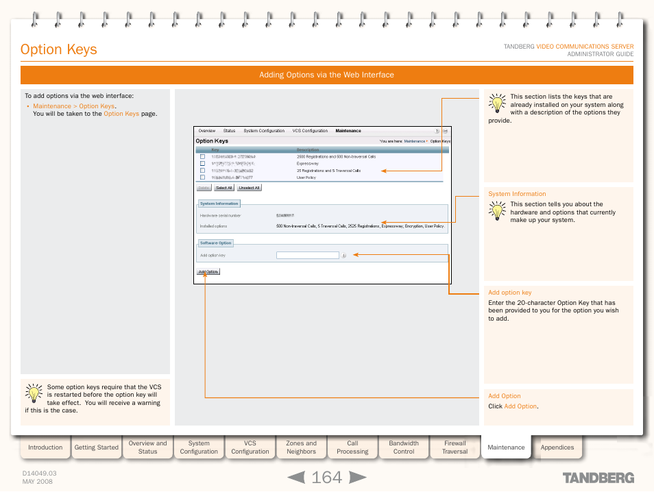 Adding options via the web interface, Option keys | TANDBERG Security Camera User Manual | Page 164 / 247