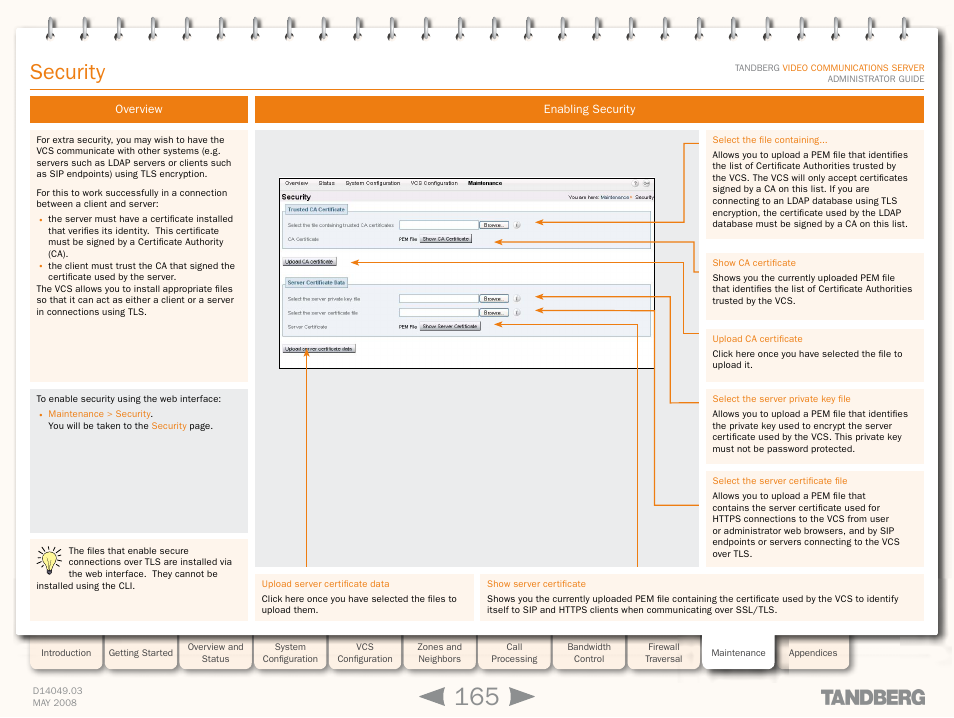 Security, Overview, Enabling security | Manage security certificates | TANDBERG Security Camera User Manual | Page 165 / 247