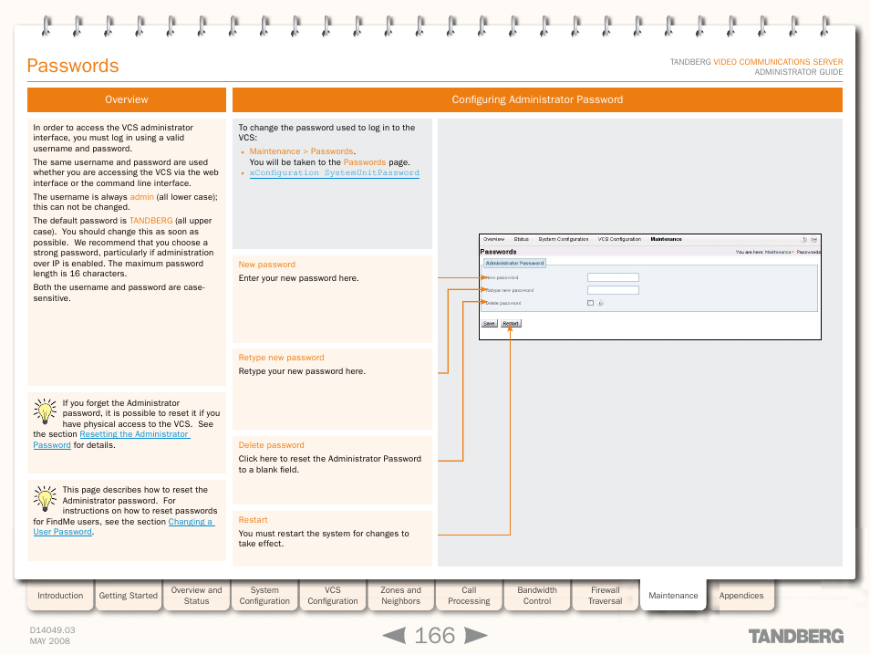 Passwords, Overview, Configuring administrator password | Overview configuring administrator password, Change and delete the administrator password | TANDBERG Security Camera User Manual | Page 166 / 247