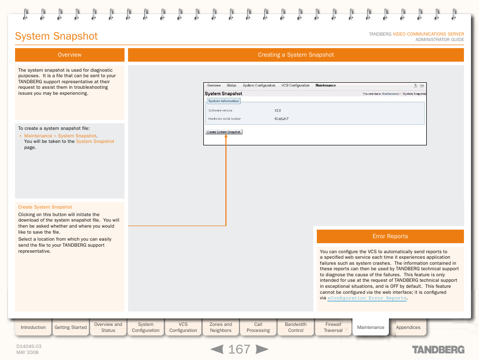 System snapshot, Overview, Creating a system snapshot | Error reports, Overview creating a system snapshot error reports, Create a system snapshot | TANDBERG Security Camera User Manual | Page 167 / 247