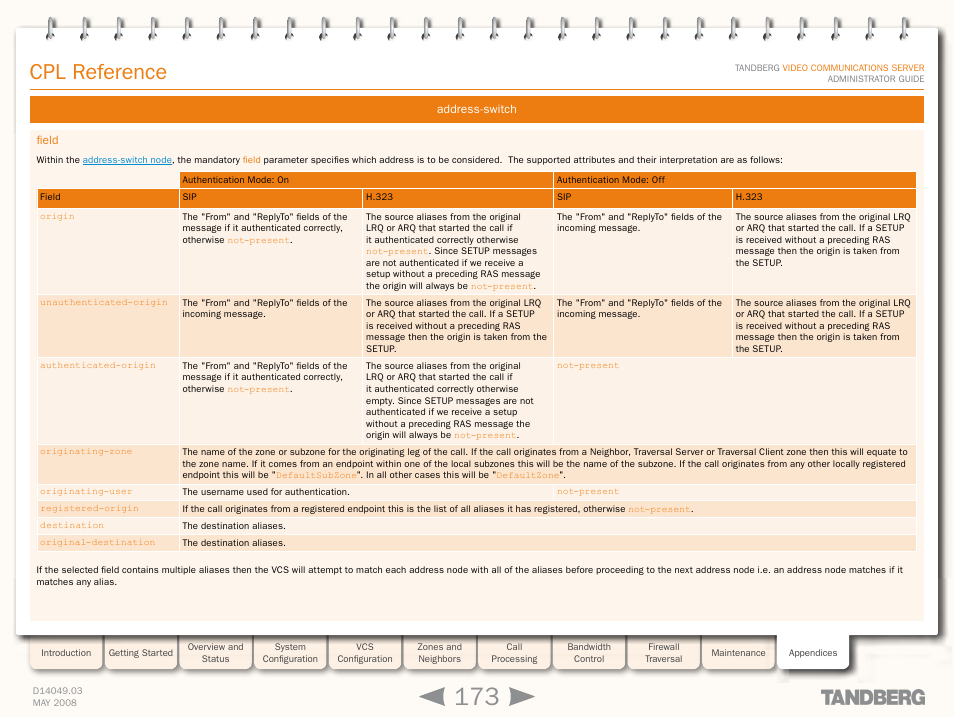 Field, Cpl reference | TANDBERG Security Camera User Manual | Page 173 / 247