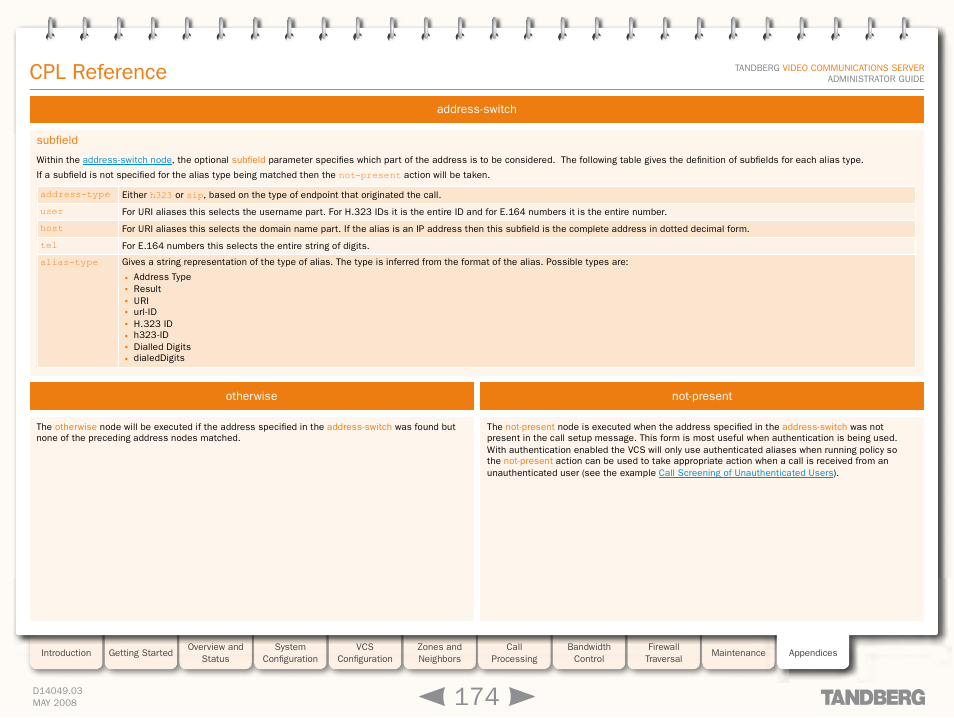 Subfield, Otherwise, Not-present | Otherwise not-present, Cpl reference | TANDBERG Security Camera User Manual | Page 174 / 247