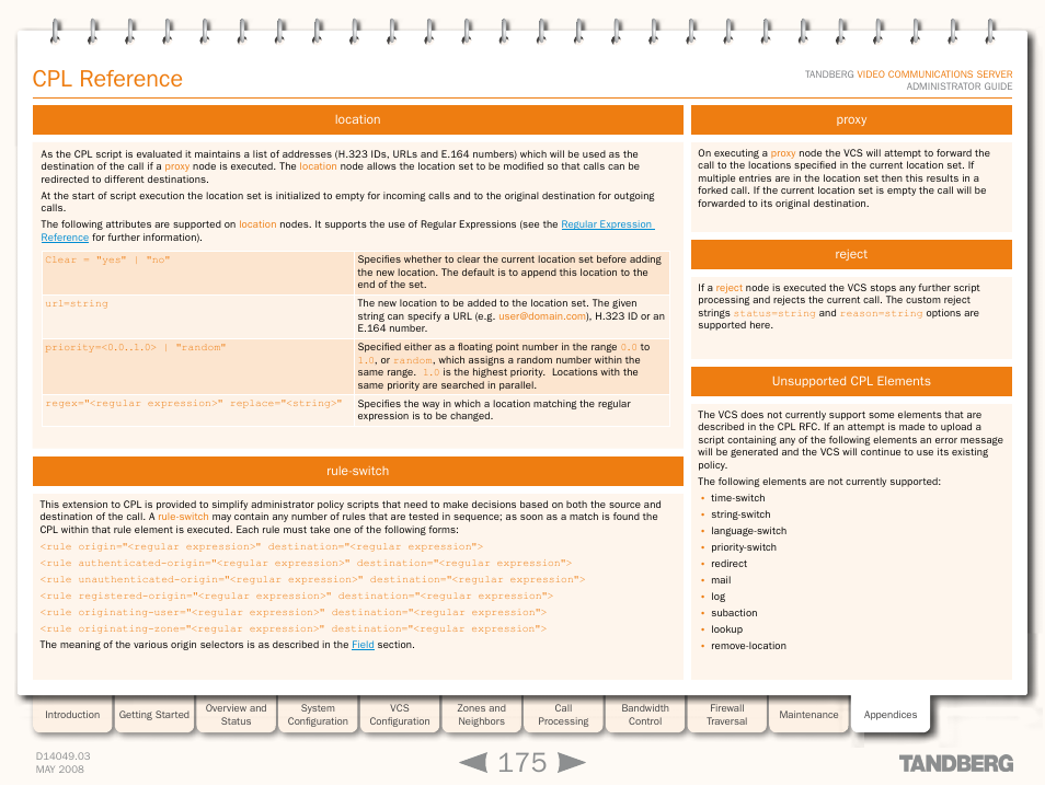 Location, Rule-switch, Proxy | Reject, Unsupported cpl elements, Cpl reference | TANDBERG Security Camera User Manual | Page 175 / 247