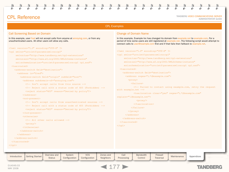 Change of domain name, Call screening based on domain, Cpl reference | TANDBERG Security Camera User Manual | Page 177 / 247