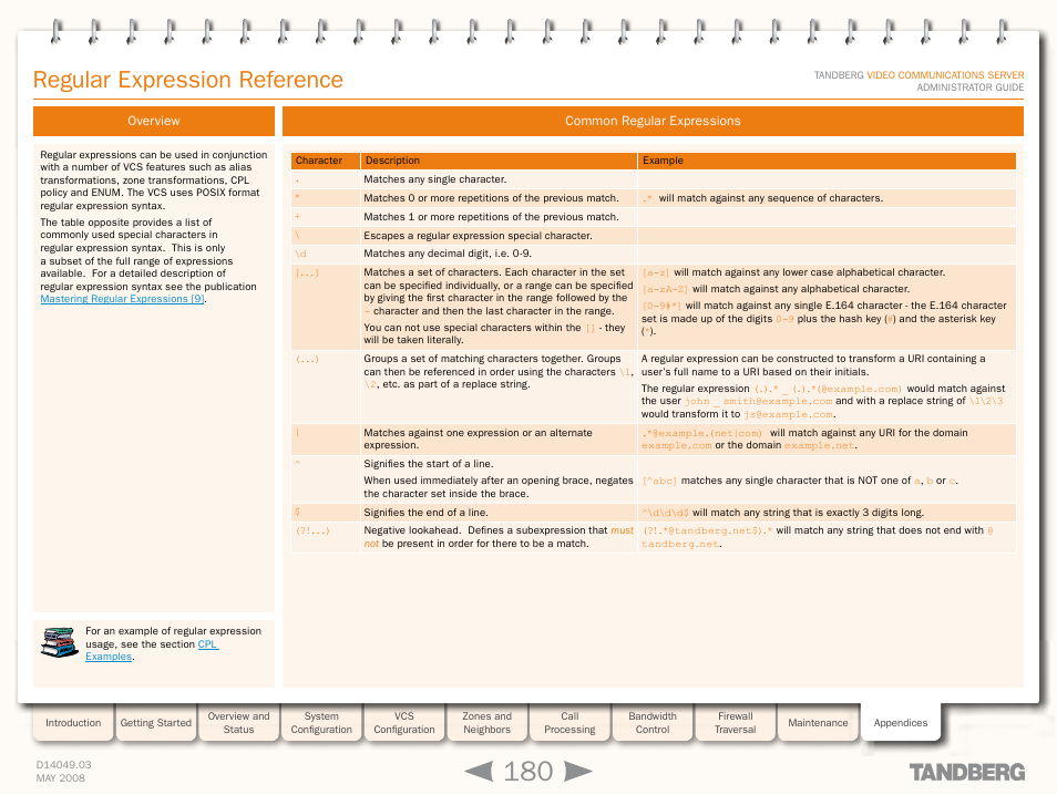 Regular expression reference, Overview, Common regular expressions | Overview common regular expressions, Regular expression referenc, Regular expression, Reference | TANDBERG Security Camera User Manual | Page 180 / 247