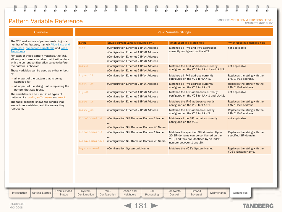 Pattern variable reference, Overview, Valid variable strings | Overview valid variable strings, Pattern variable referenc | TANDBERG Security Camera User Manual | Page 181 / 247