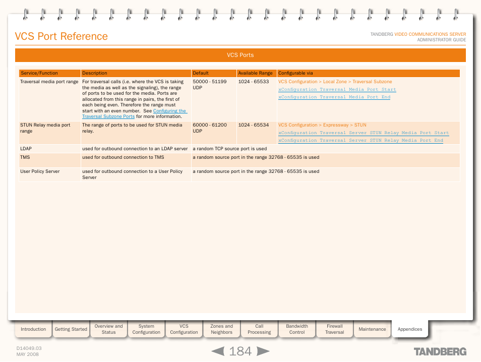 Vcs port reference | TANDBERG Security Camera User Manual | Page 184 / 247