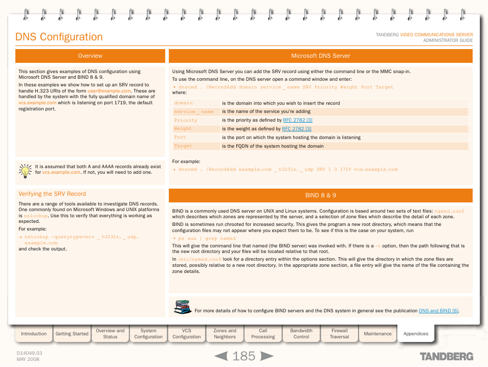 Dns configuration, Overview, Verifying the srv record | Microsoft dns server, Bind 8 & 9, Microsoft dns server bind 8 & 9, Dns configuratio | TANDBERG Security Camera User Manual | Page 185 / 247