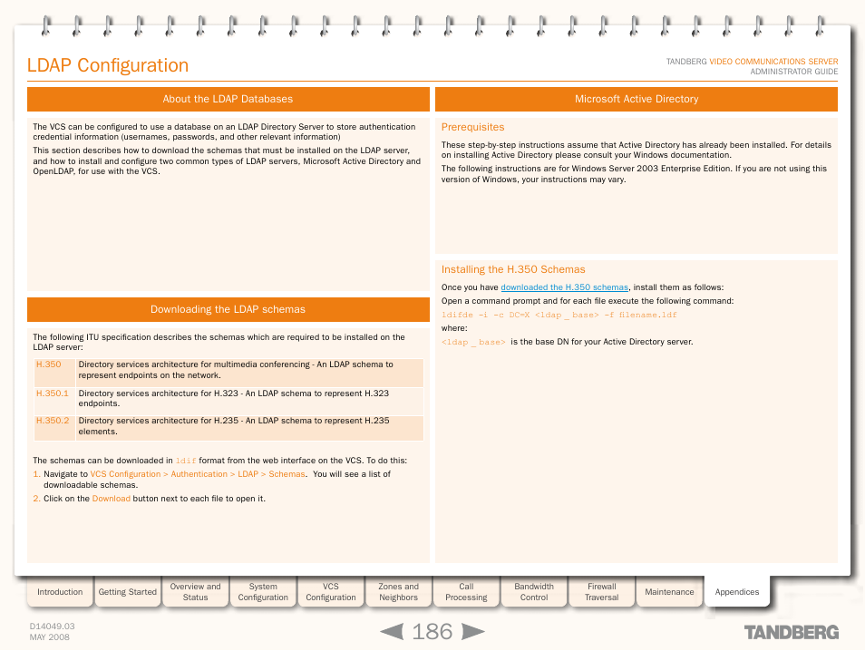 Ldap configuration, About the ldap databases, Downloading the ldap schemas | Microsoft active directory, Prerequisites, Installing the h.350 schemas, Prerequisites installing the h.350 schemas, Ldap configuratio | TANDBERG Security Camera User Manual | Page 186 / 247