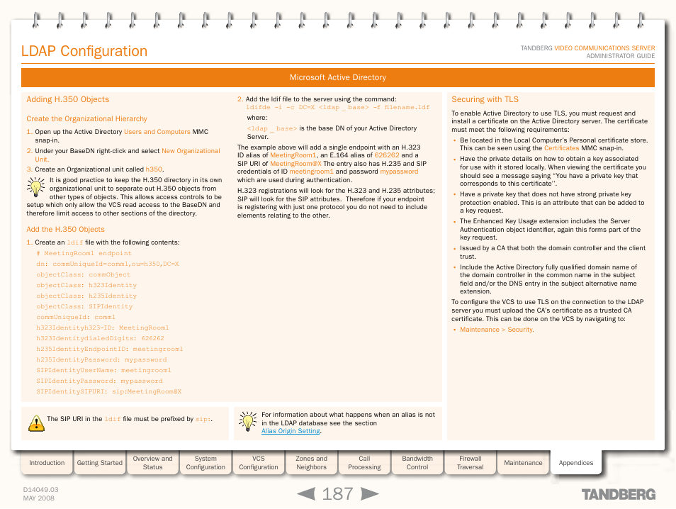 Adding h.350 objects, Create the organizational hierarchy, Add the h.350 objects | Securing with tls, Ldap configuration | TANDBERG Security Camera User Manual | Page 187 / 247