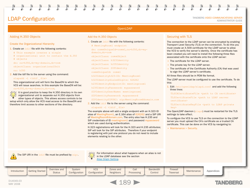 Adding h.350 objects, Create the organizational hierarchy, Add the h.350 objects | Securing with tls, Ldap configuration | TANDBERG Security Camera User Manual | Page 189 / 247