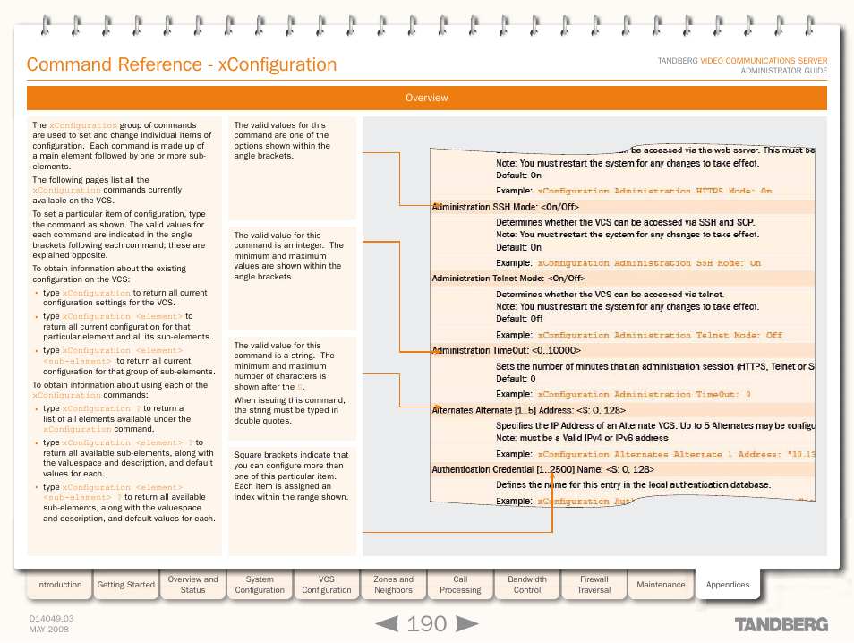 Command reference - xconfiguration, Xconfiguration element subelement, Xcommand comman | Command reference, Xconfiguration, Xconfiguration reference, Xconfiguration command referenc | TANDBERG Security Camera User Manual | Page 190 / 247