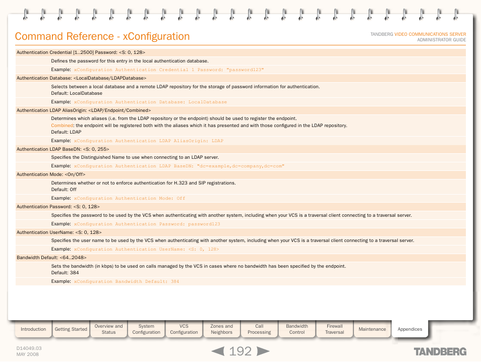 Xconfiguration authenticatio, Xconfiguration authentication lda, Xconfiguration bandwidth defaul | Command reference - xconfiguration | TANDBERG Security Camera User Manual | Page 192 / 247