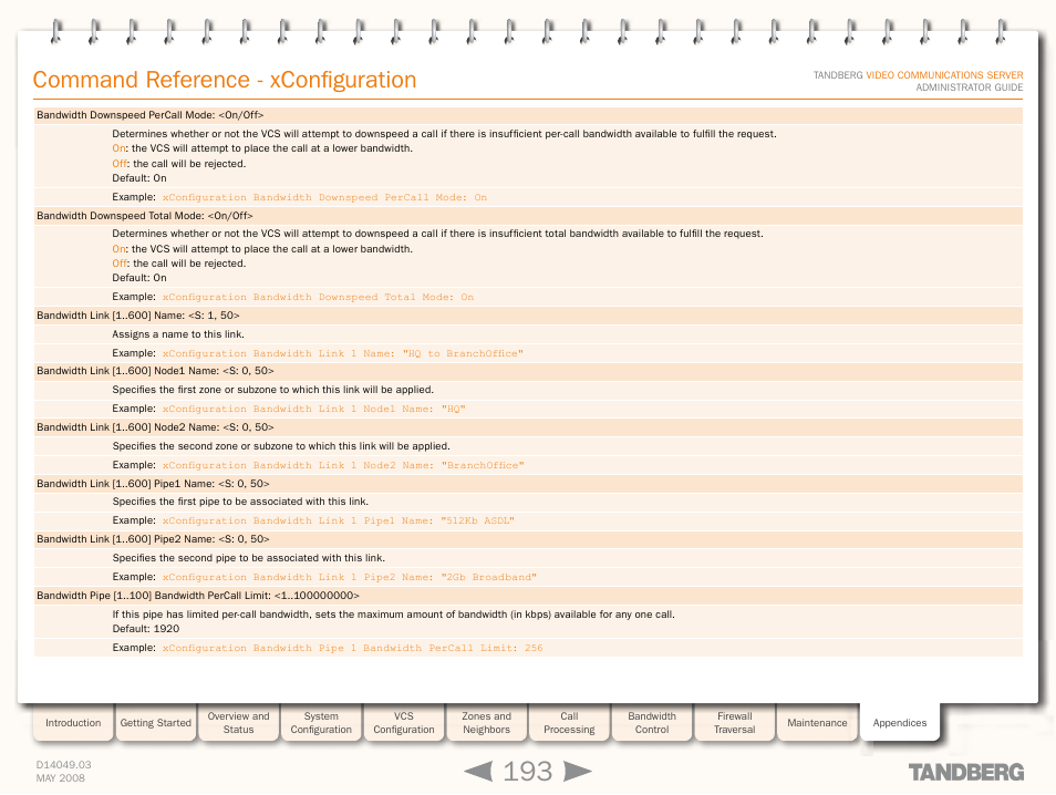 Xconfiguration, Bandwidth link, Xconfiguration bandwidth pip | Xconfiguration bandwidth downspee, Command reference - xconfiguration | TANDBERG Security Camera User Manual | Page 193 / 247