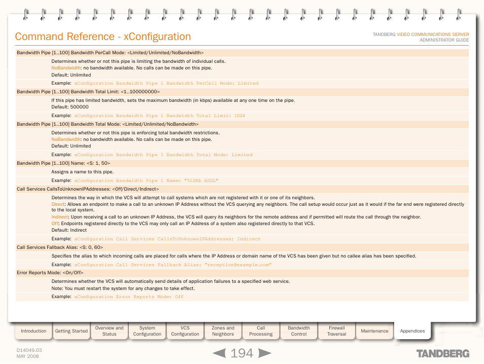 Xconfiguration call service, Xconfiguration call services fallback alia, Xconfiguration error reports | Command reference - xconfiguration | TANDBERG Security Camera User Manual | Page 194 / 247