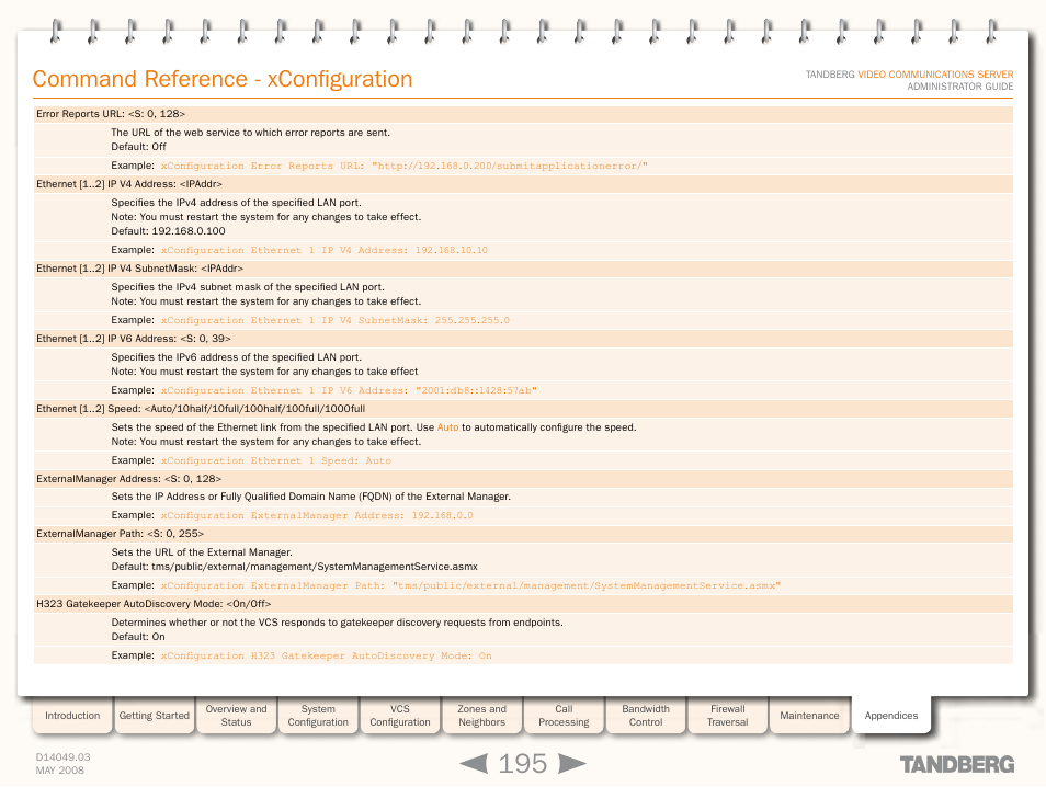 Xconfiguration etherne, Xconfiguration externalmanage, Xconfiguration h32 | H323 gatekeeper autodiscover, Command reference - xconfiguration | TANDBERG Security Camera User Manual | Page 195 / 247
