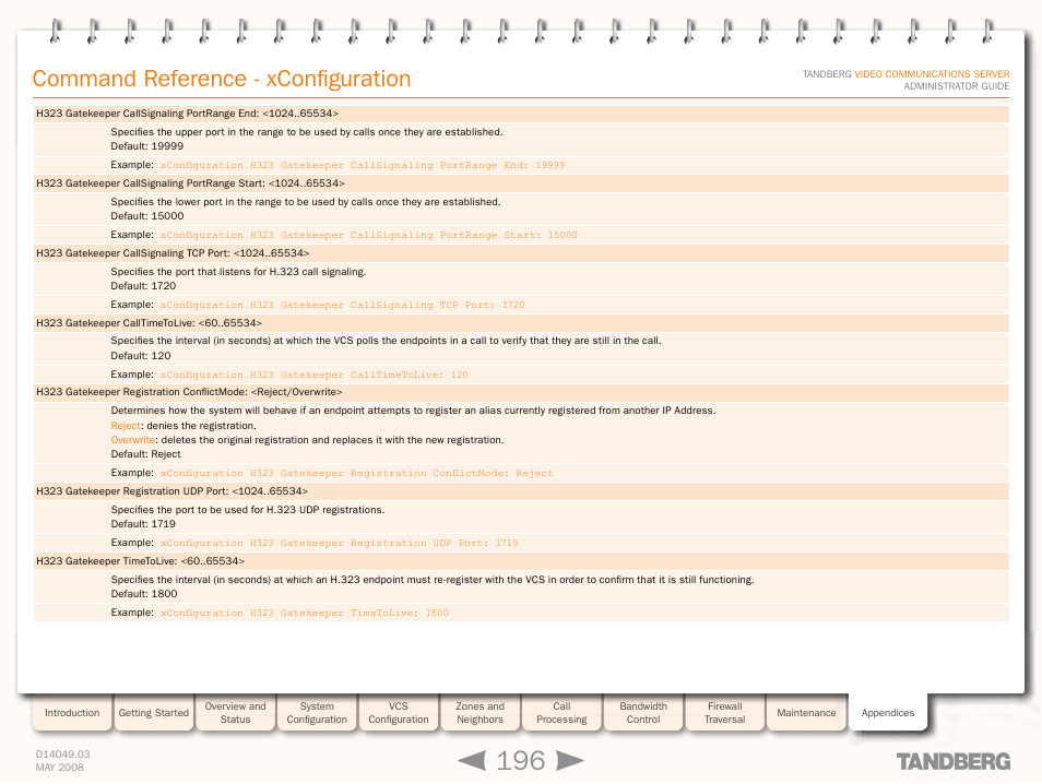 Command reference - xconfiguration | TANDBERG Security Camera User Manual | Page 196 / 247