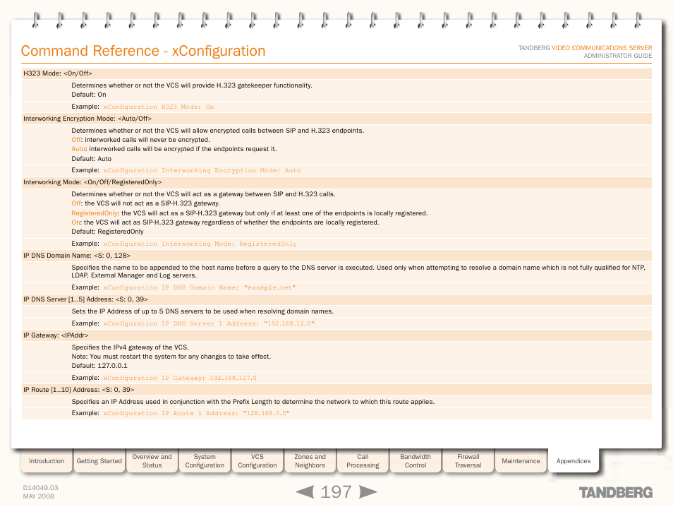 Xconfiguration i, Xconfiguration ip route, Xconfiguration ip dn | Xconfiguration interworking mod, Xconfiguration ip dns serve, Command reference - xconfiguration | TANDBERG Security Camera User Manual | Page 197 / 247