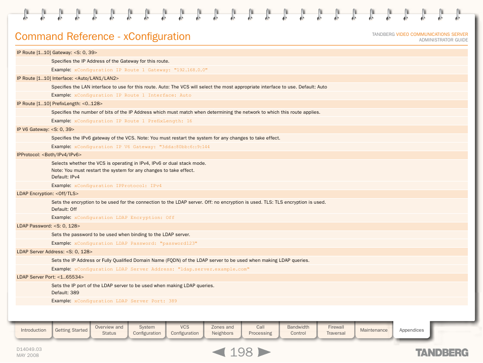 Xconfiguration ipprotoco, Xconfiguration lda, Command reference - xconfiguration | TANDBERG Security Camera User Manual | Page 198 / 247