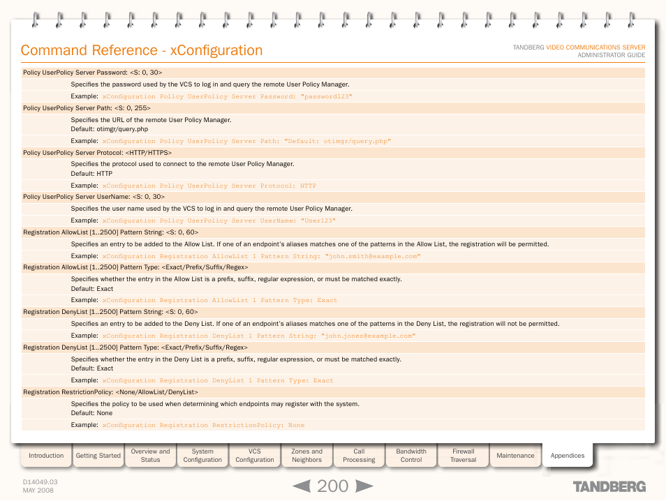 Xconfiguration registration restrictionpolic, Xconfiguration registration, Xcommand denylistadd | Command reference - xconfiguration | TANDBERG Security Camera User Manual | Page 200 / 247