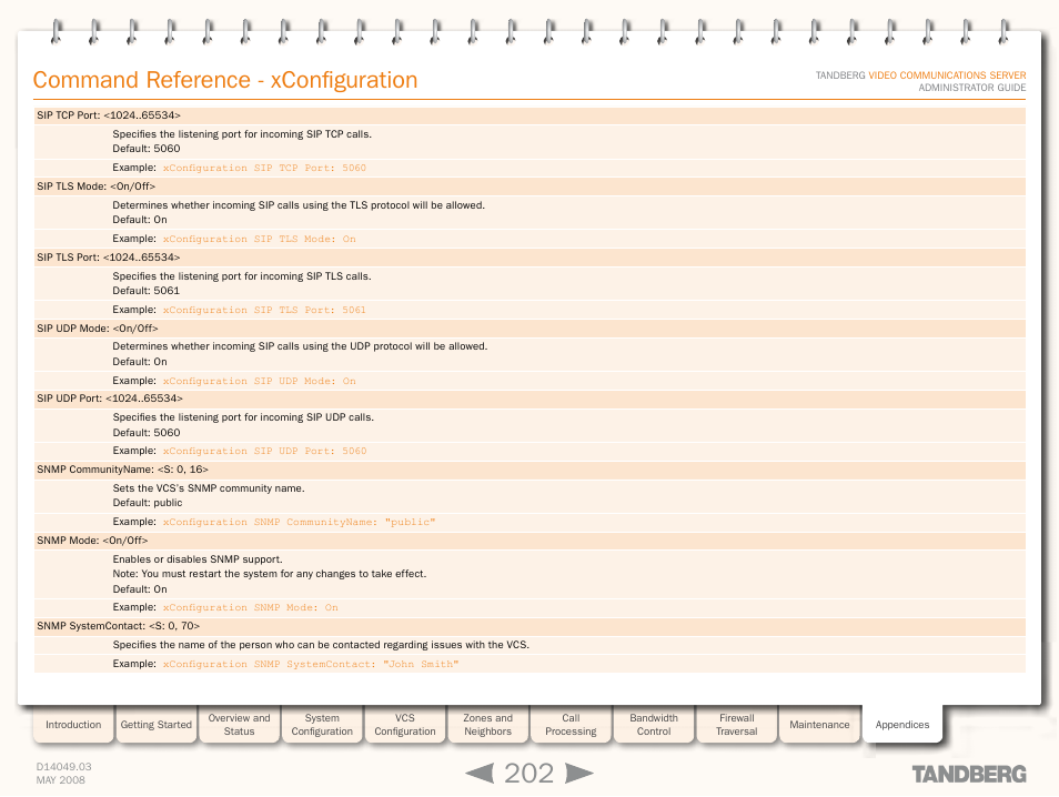 Xconfiguration snm, Xconfiguration sip udp port, Xconfiguration | Sip tcp port, Sip tls port, Command reference - xconfiguration | TANDBERG Security Camera User Manual | Page 202 / 247