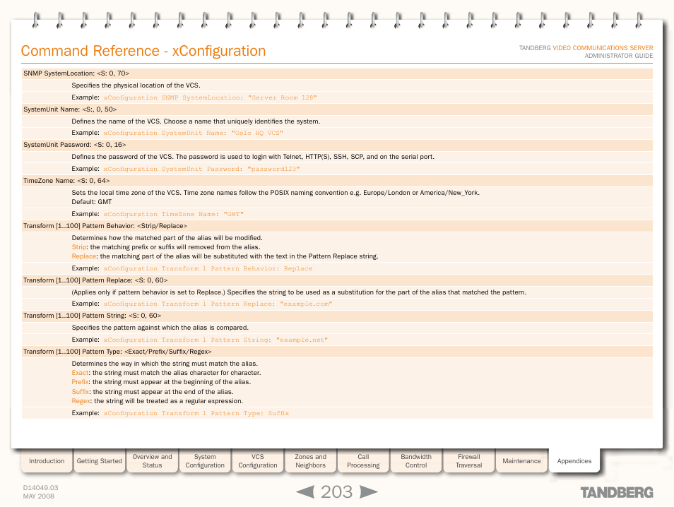 Xconfiguration systemunit nam, Xconfiguration timezone nam, Xconfiguration transform [1 | Xconfiguration systemunitpasswor, Command reference - xconfiguration | TANDBERG Security Camera User Manual | Page 203 / 247