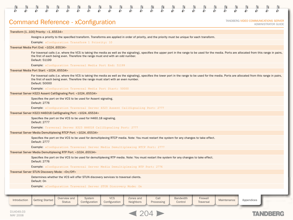 Xconfiguration traversal media port star, Xconfiguration traversal media port en, Xconfiguration traversal server | Stun, Command reference - xconfiguration | TANDBERG Security Camera User Manual | Page 204 / 247