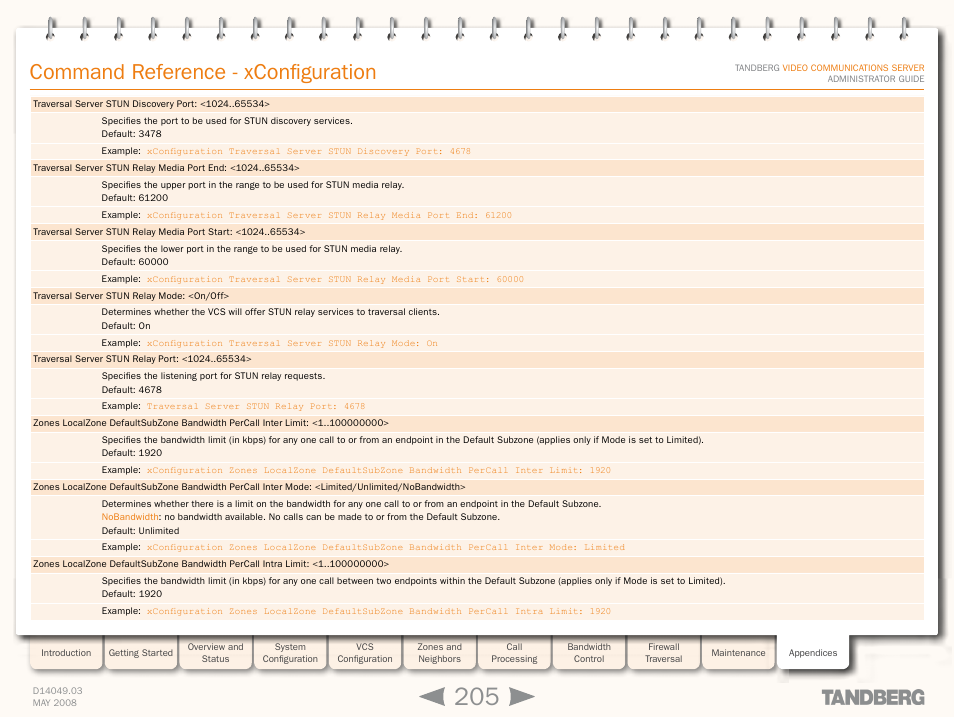 Xconfiguration traversal server stun relay port, Command reference - xconfiguration | TANDBERG Security Camera User Manual | Page 205 / 247