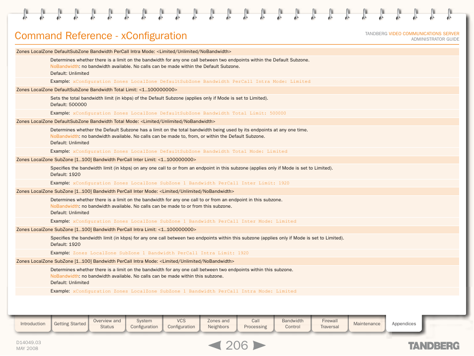 Xconfiguration zones localzone subzon, Command reference - xconfiguration | TANDBERG Security Camera User Manual | Page 206 / 247