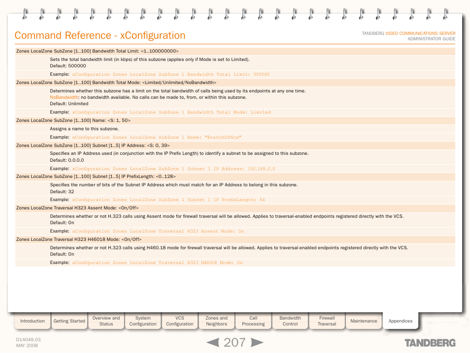 Xconfiguration zones localzone, Command reference - xconfiguration | TANDBERG Security Camera User Manual | Page 207 / 247