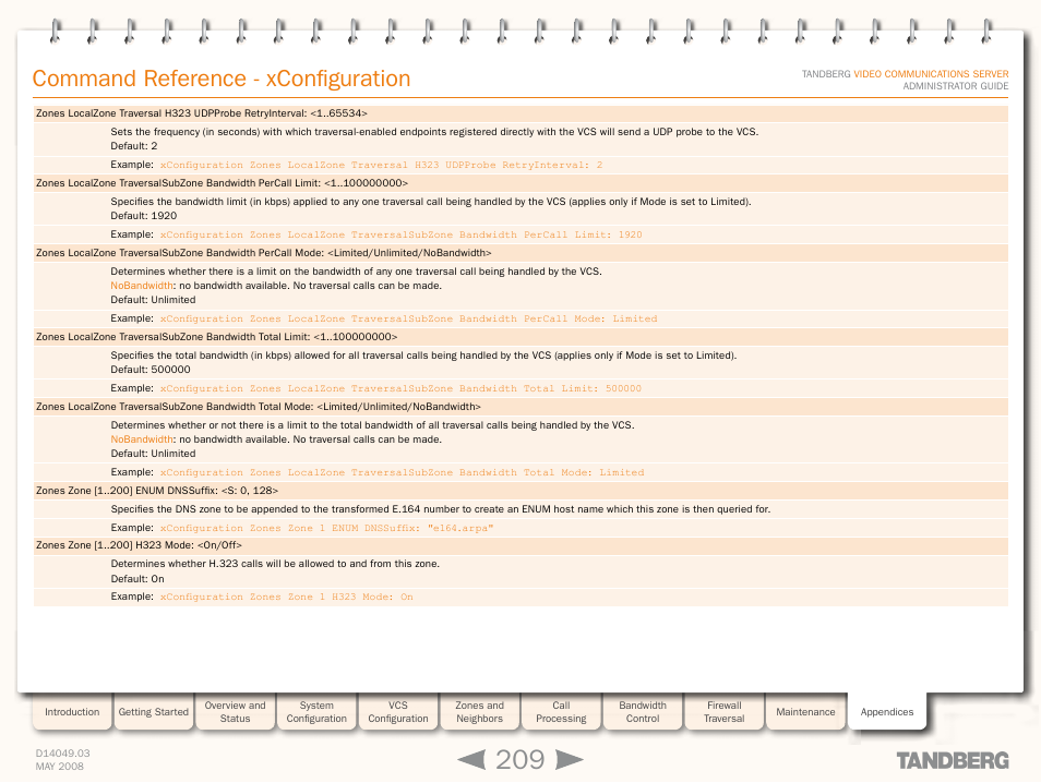 Xconfiguration zones zone [1, Xconfiguration zones zon, Command reference - xconfiguration | TANDBERG Security Camera User Manual | Page 209 / 247