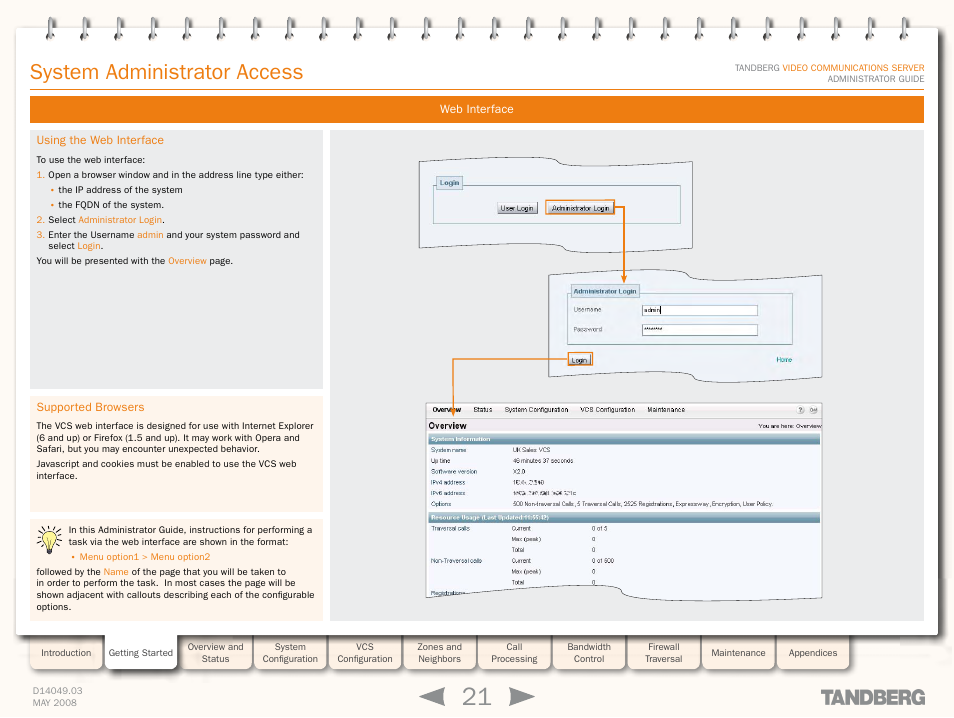 Web interface, Using the web interface, Supported browsers | Using the web interface supported browsers, Connecting via a web browser, System administrator access | TANDBERG Security Camera User Manual | Page 21 / 247