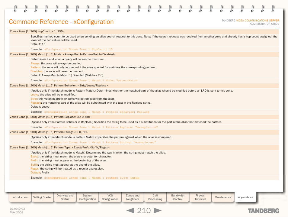 Xconfiguration zones zone [1 ] hopcoun, Xconfiguration zones zone [1, Command reference - xconfiguration | TANDBERG Security Camera User Manual | Page 210 / 247