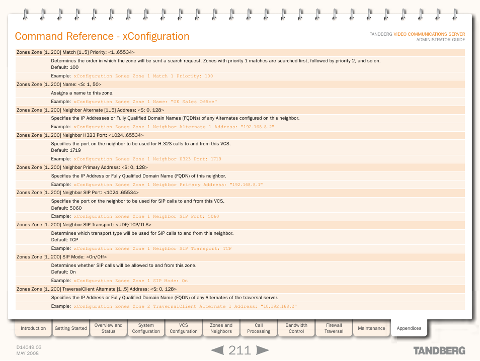 Xconfiguration zones zon, Command reference - xconfiguration | TANDBERG Security Camera User Manual | Page 211 / 247