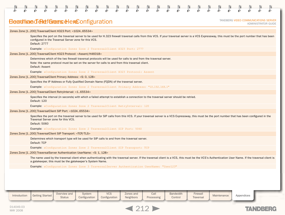 Xconfiguration zones zone [1, Headline text goes here, Command reference - xconfiguration | TANDBERG Security Camera User Manual | Page 212 / 247