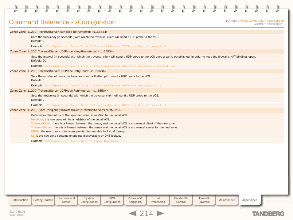 Command reference - xconfiguration | TANDBERG Security Camera User Manual | Page 214 / 247