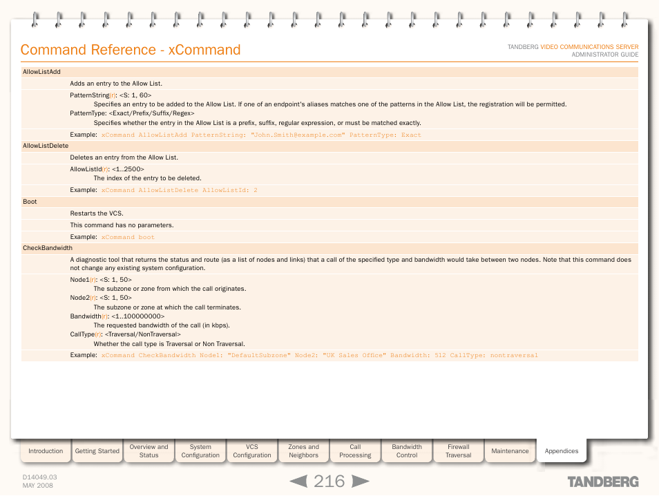 Xcommand allowlistad, Xcommand checkbandwidth, Xcommand boo | Command reference - xcommand | TANDBERG Security Camera User Manual | Page 216 / 247