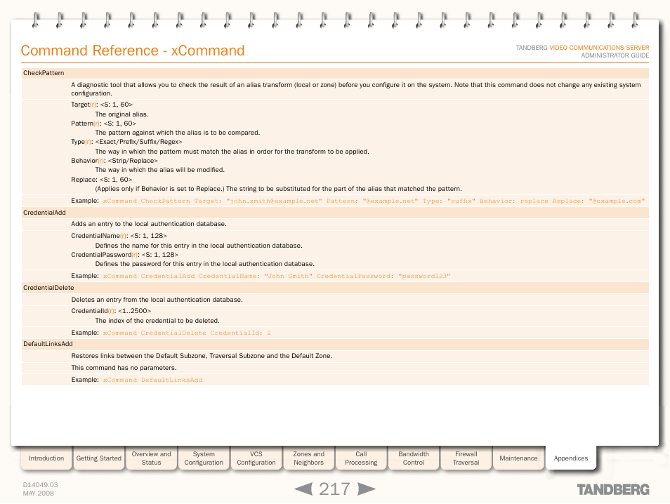 Xcommand credentialad, Xcommand credentialdelet, Xcommand defaultlinksadd | Xcommand defaultlinksad, Command reference - xcommand | TANDBERG Security Camera User Manual | Page 217 / 247