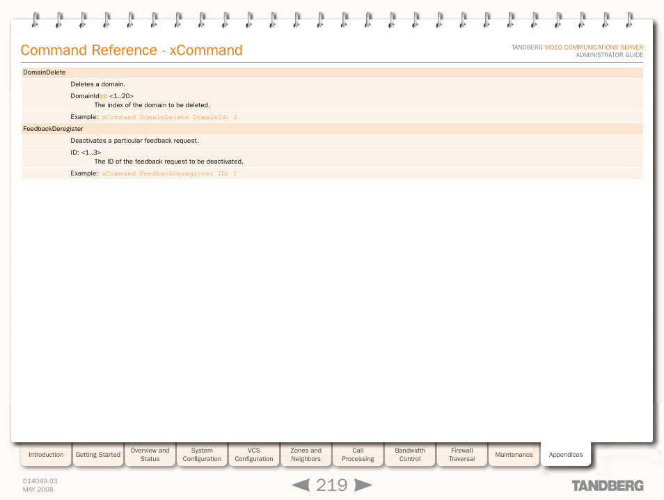 Xcommand domaindelet, Command reference - xcommand | TANDBERG Security Camera User Manual | Page 219 / 247